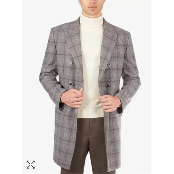 Tallia Mens $495 Classic Fit Gray Plaid Double Breasted Overcoat Size L - Picture 1 of 1